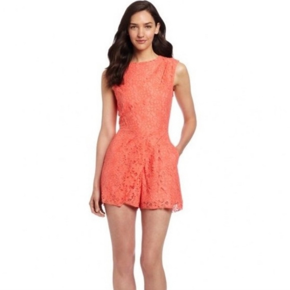 Dolce Vita Raised Lace Romper in Coral